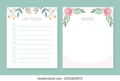 Floral Note and To Do List Lined Card with Flower Border Arrangement Vector Template