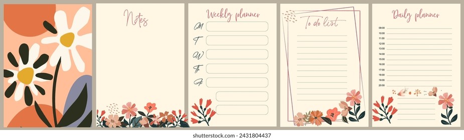 Floral Notebook pages and cover vector template.