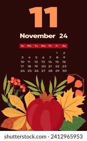 Floral November 2024 calendar template. With bright colorful flowers and leaves. Editable page template with illustrations. Vector mesh. The week starts on Sunday.