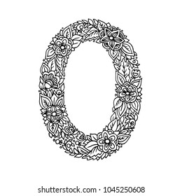 Floral number 0 made of leaves and flowers on white background. Typographic element for design. Hand drawn Vector isolated illustration on white background
