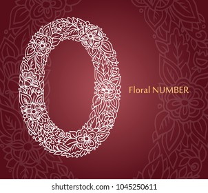 Floral number 0 made of leaves and flowers on white background. Typographic element for design. Hand drawn Vector isolated illustration on burgundy background