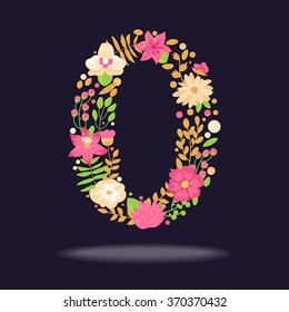 Floral number (0). Vector isolated illustration on dark background