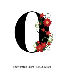 Floral number 0 (zero) decorated with a climbing plant with red flowers.
