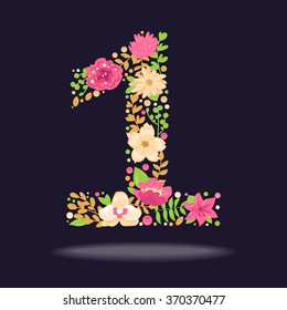 Floral number (1). Vector isolated illustration on dark background