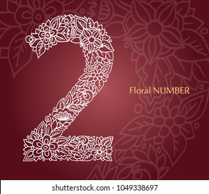 Floral number 2 made of leaves and flowers on white background. Typographic element for design. Hand drawn Vector isolated illustration on burgundy background