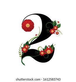Floral number 2 (two) decorated with a climbing plant with red flowers.