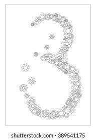 Floral number 3, number three from flowers coloring page vector illustration, DIY postcard with the place for text, black and white flower ornament for typography, digit 3 in flowers, floral ornament