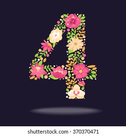 Floral number (4). Vector isolated illustration on dark background