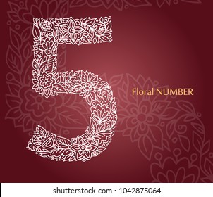 Floral number 5 made of leaves and flowers on white background. Typographic element for design. Hand drawn Vector isolated illustration on 
burgundy background