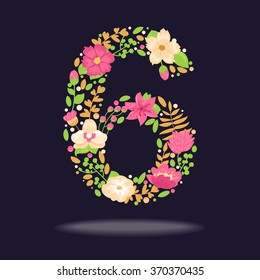 Floral number (6). Vector isolated illustration on dark background