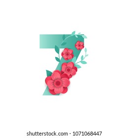 Floral number 7 Made of Flowers. Typographic, Monogram.Paper cut style. Vector illustration. 