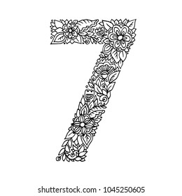 Floral number 7 made of leaves and flowers on white background. Typographic element for design. Hand drawn Vector isolated illustration on white background