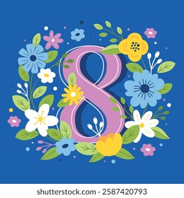 Floral Number 8 – Women's Day Decorative Illustration, Bright and elegant floral number 8 illustration with colorful flowers on a blue background. Perfect for International Women's Day (March 8)