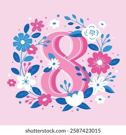 Floral Number 8 – Women's Day Celebration Design, Beautiful floral number 8 with pink and blue flowers on a pastel background. Ideal for International Women's Day (March 8), greeting cards, posters