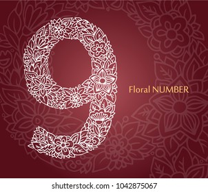 Floral number 9 made of leaves and flowers on white background. Typographic element for design. Hand drawn Vector isolated illustration on 
burgundy background