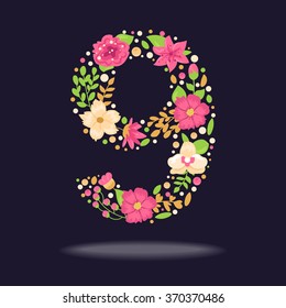 Floral number (9). Vector isolated illustration on dark background