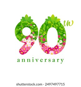 Número floral 90, concepto creativo del 90 aniversario. Etiqueta de venta, símbolo 9 y 0 con hojas verdes y flores rosadas. Forma aislada con máscara de recorte. Plantilla de Anuncio de negocios. Elementos decorativos.