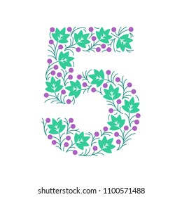 Floral number. Coloful clear modern illustration. Vector isolated illustration on white background. Illustration for t-shirts, posters, card and other uses.