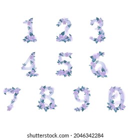 Floral number design 0 - 9. Blue and lavender colors