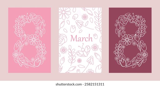 Floral Number Eight Designs for International Women Day Illustrations. Three stylized floral number eight designs symbolizing International Women Day, featuring soft colors and intricate floral 