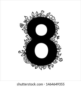 Floral number eight with flowers, leaves and herbal details. Black and white graphic design element for stickers, scrapbook, birthday greeting cards, poster, web