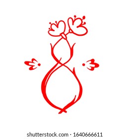 Floral number red 8 hand drawing. Cartoon number 8 isolate on a white background. Weave flowers with petals. Stock vector illustration. For greeting cards for the day of March 8