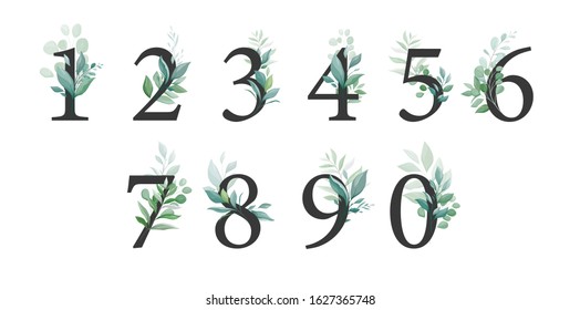 Floral number set with greenery decoration. Elegant digits 0, 1, 2, 3, 4, 6, 7, 8, 9, 0 with botanic leaves for wedding invitation and card design composition. Vector elements