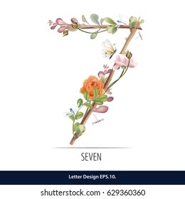 Floral number seven, lined with flowers, butterfly and leaves. Editable Vector Cute floral symbol on a white background.