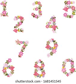 Floral number vector graphics, one to nine numbers