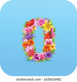 Floral numbers 0. Vector isolated illustration on blue background 