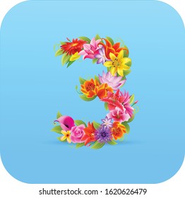 Floral numbers 3. Vector isolated illustration on blue background 