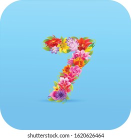 Floral numbers, 7. Vector isolated illustration on blue background 