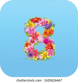 Floral numbers 8. Vector isolated illustration on blue background 