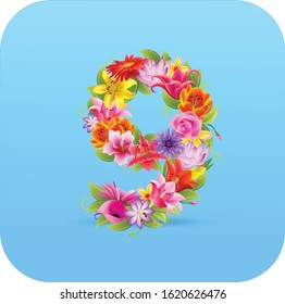 Floral numbers 9. Vector isolated illustration on blue background