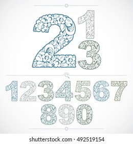 Floral numbers drawn using abstract vintage pattern, spring leaves design. Blue vector digits created in natural eco style.