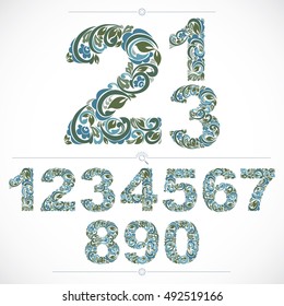Floral numbers drawn using abstract vintage pattern, spring leaves design. Blue vector digits created in natural eco style.