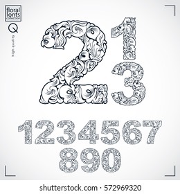 Floral numbers drawn using abstract vintage pattern, spring leaves design. Monochrome vector digits created in natural eco style.