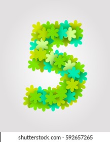 Floral numbers. Green flowers. Vector illustration. Number 5