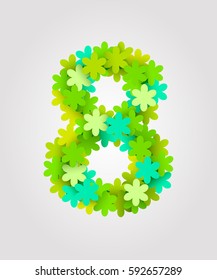 Floral numbers. Green flowers. Vector illustration. Number 8
