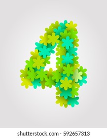 Floral numbers. Green flowers. Vector illustration. Number 4