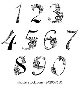 Floral numbers set  isolated on White background. Vector illustration 