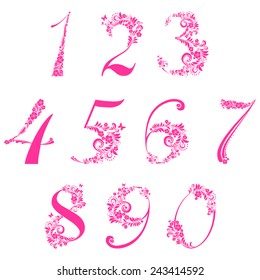 Floral numbers set  isolated on White background. Vector illustration 