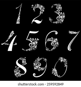Floral numbers set isolated on black background. Vector illustration 