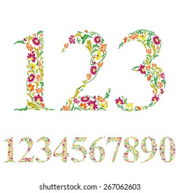 Floral numbers set, vintage style numerals, vector set.