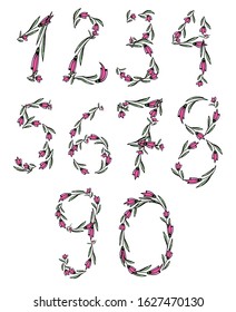Floral numbers. Vector isolated illustration on white background. Drawn colorful bold signs, capital numbers for logos, badges, postcards, posters, prints, scrapbooking. 