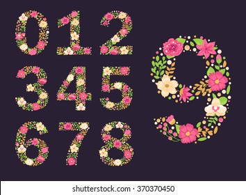 Floral numbers.  Vector isolated illustration on dark background