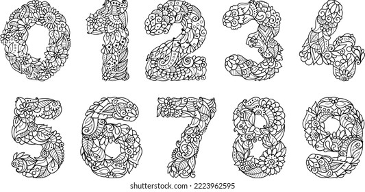 Floral numbers. Vector outline digits illustration doodle style.