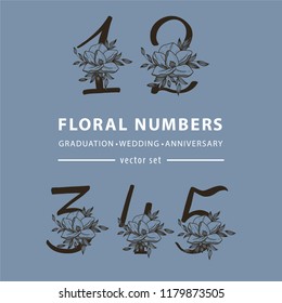 Floral numbers vector set with magnolia and leaves
