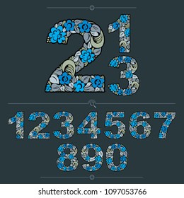Floral numerals, hand-drawn vector numbers decorated with botanical pattern. Blue ornamental numeration, digits made in vintage design.