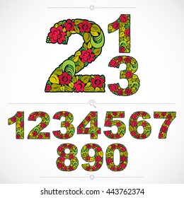 Floral numerals, hand-drawn vector numbers decorated with botanical pattern. Colorful ornamental numeration, digits made in vintage design.